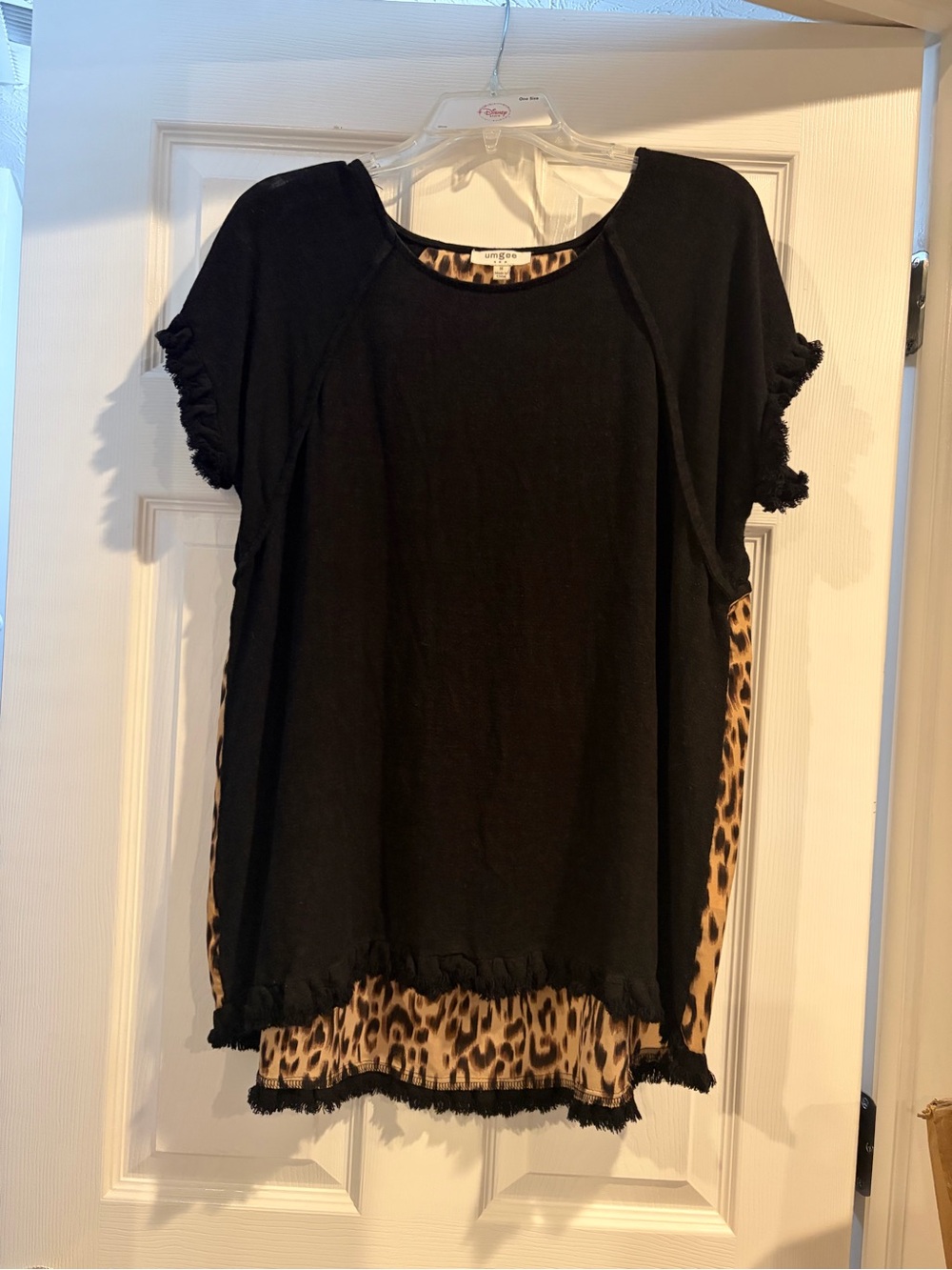 Umgee Black Short Sleeve Top with Leopard Panels
